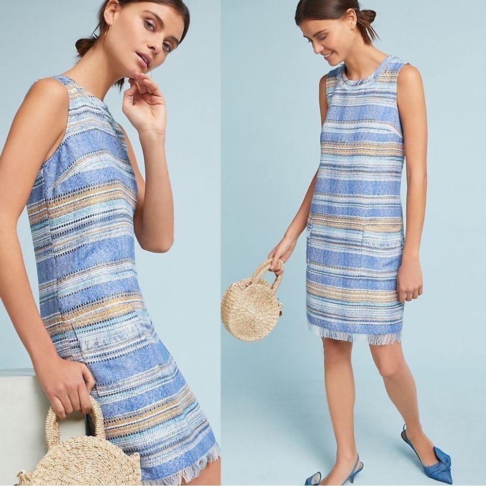 Akemi + Kin • Anthro Tweed Shift Dress sleeveless blue striped fringed pocket